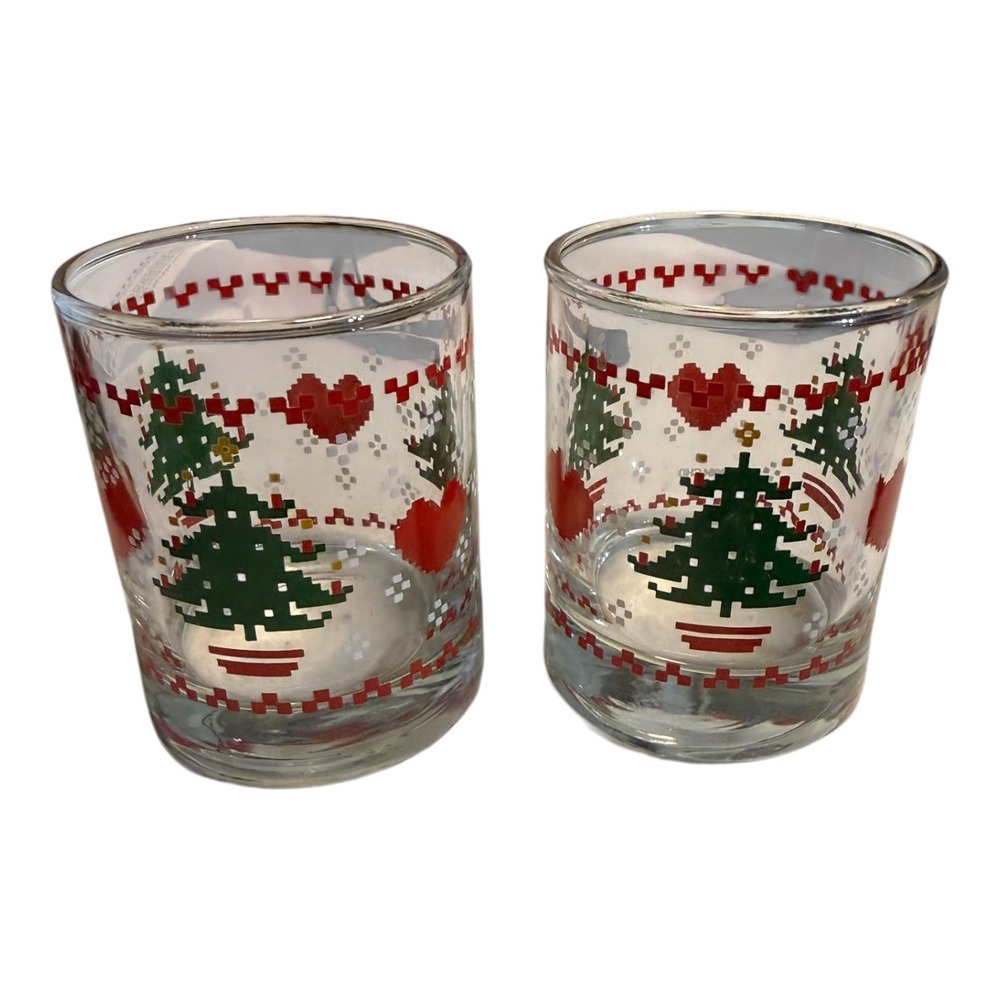 Vintage 1984 CHD Christmas Pixel Art Rocks Glasses Set Holiday Trees Hearts 80s